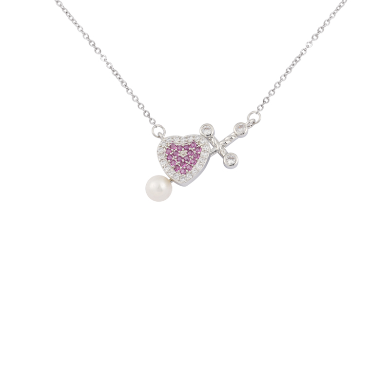 Cz And Pearl Heart Charm Necklace