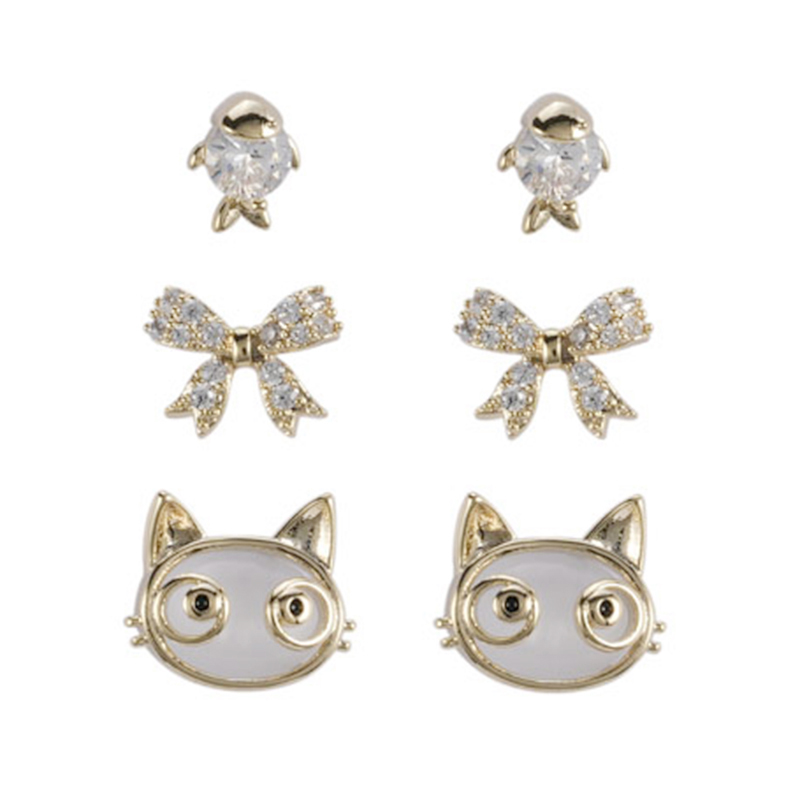 Multi-piece Set Cat And Fish Cz Earrings