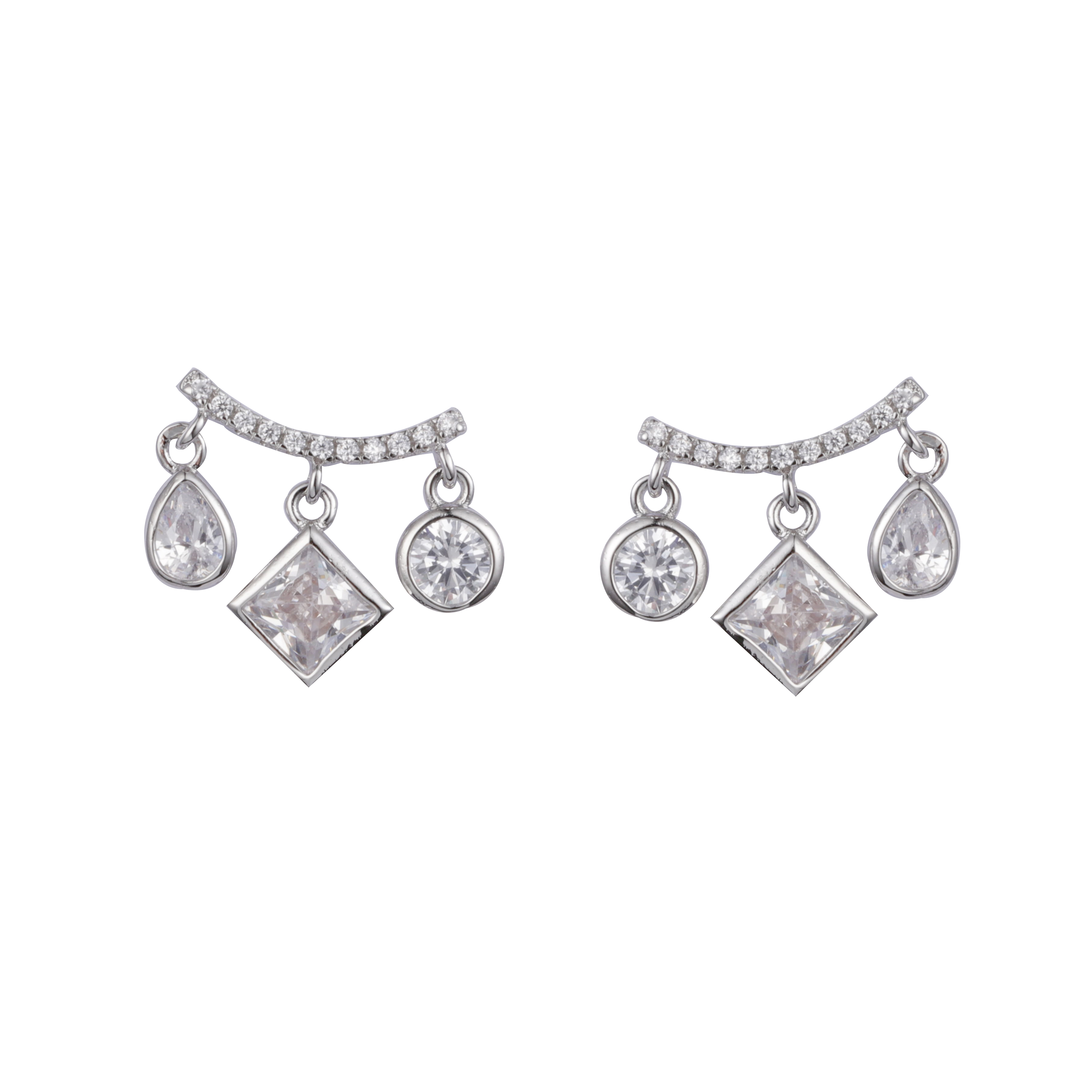 Rhodium Plated Color White Irregular CZ Decorated Earrings